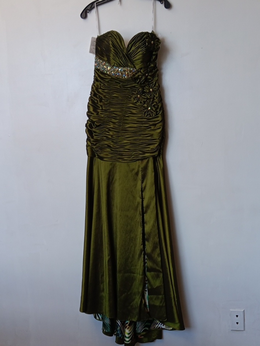 GiGi New York Olive Green Strapless Ruched Evening Gown with Beaded Band